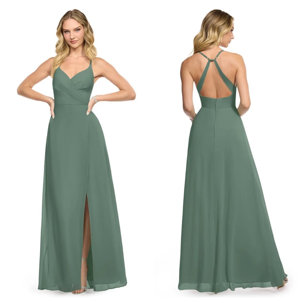 Azazie Davis Eucalyptus A-Line V-Neck Chiffon Maxi Bridesmaids Dress